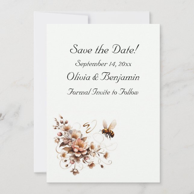 Elegant Bee & Floral Save the Date Card (Front)