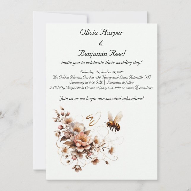 Elegant Bee & Floral Wedding Invitation (Front)