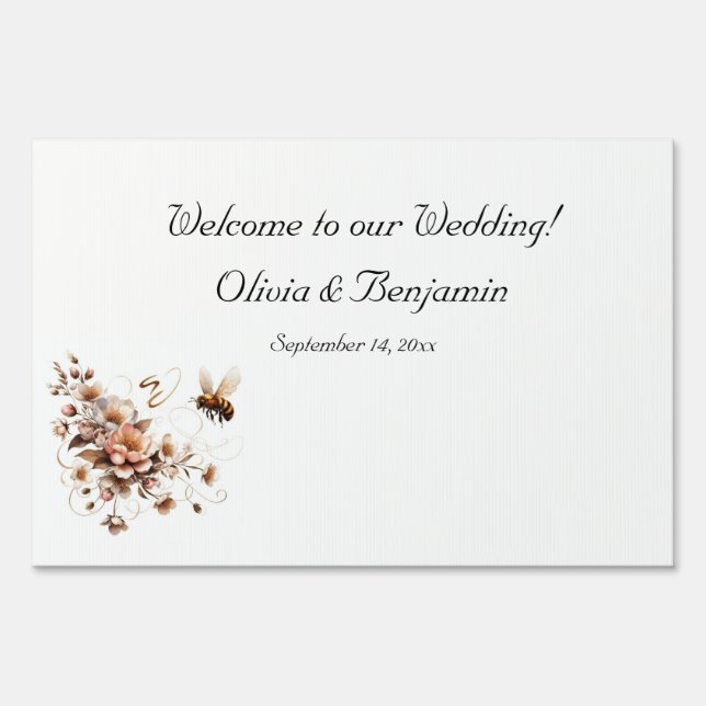 Elegant Bee & Floral Wedding Yard Sign (Front)