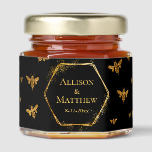 Elegant Bee Patterned Black Gold Custom Wedding Honey Jar Favors