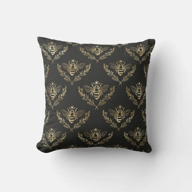 Elegant Bees. Gold on Black. Throw Pillow (Front)