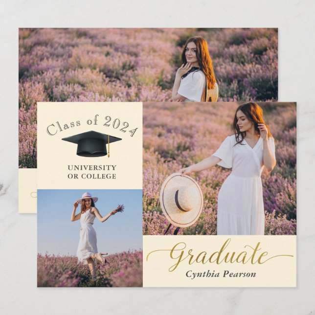 Elegant Beige 3 Photo Graduation Announcement (Front/Back)