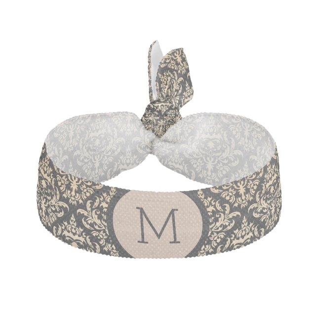 Elegant Beige And Black Floral Damasks Hair Tie (Front)