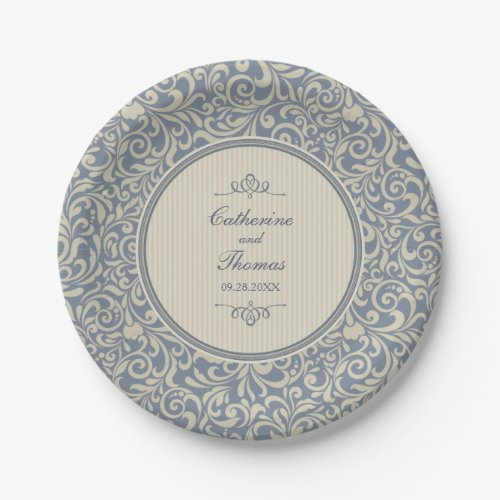 Elegant Beige and Blue Baroque Pattern Wedding Paper Plates