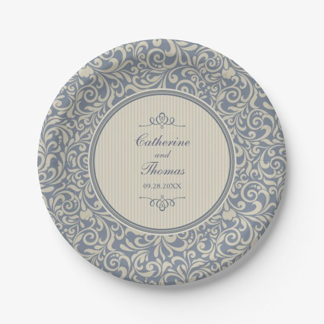 Elegant Beige and Blue Baroque Pattern Wedding Paper Plates (Front)