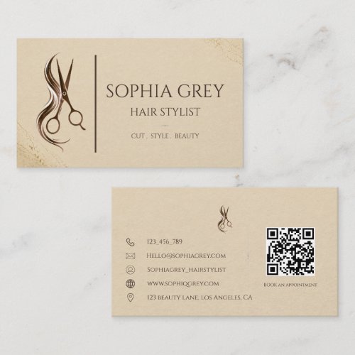 Elegant Beige And Brown Hair Stylist Business Card