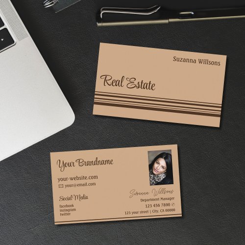 Elegant Beige and Brown Stripes with Photo Stylish Business Card