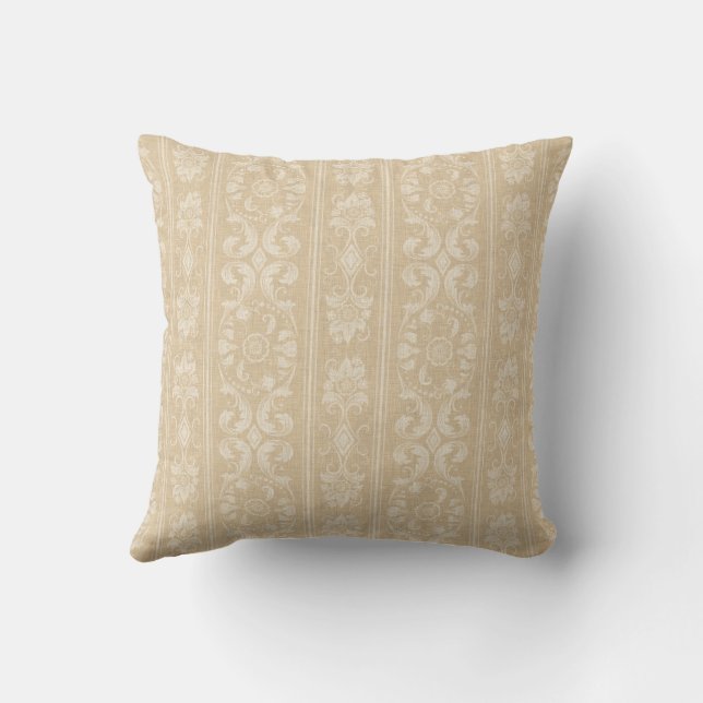 Elegant Beige and Cream Floral Damask Throw Pillow (Back)
