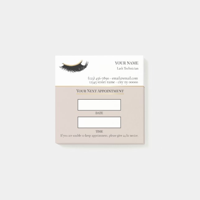 Elegant beige and gold Lash appointment Post-it Notes (Front)