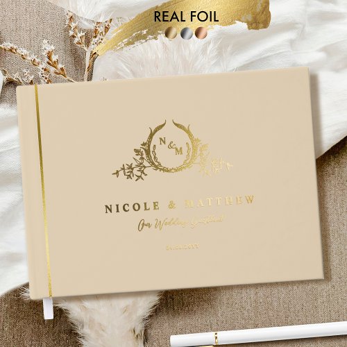 Elegant Beige and Real Foil Monogram Wedding Foil Guest Book