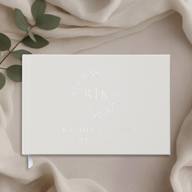 Elegant Beige and Silver Foliage Monogram Wedding Foil Guest Book (Creator Uploaded)