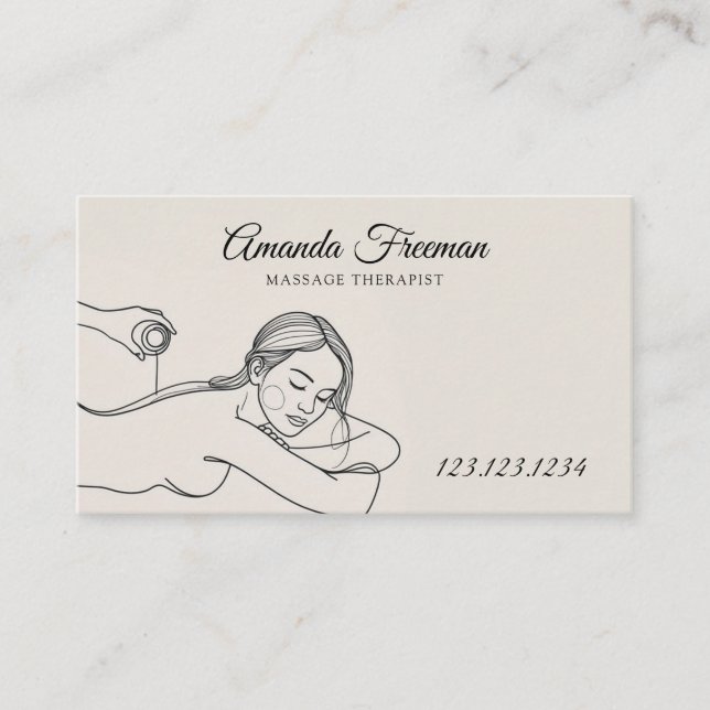 Elegant Beige & Black Massage Therapy Line Art Business Card (Front)