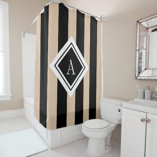 Elegant Beige Black Vertical Stripes Monogram Shower Curtain