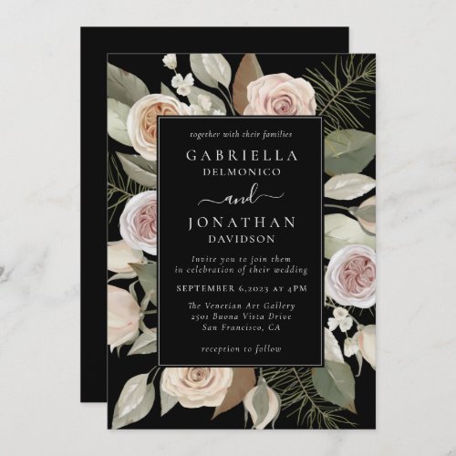 Elegant Beige Black Watercolor Floral Wedding Invitation