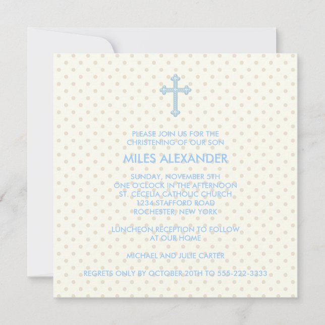 Elegant Beige Blue Cross Boys Christening Invitation (Front)