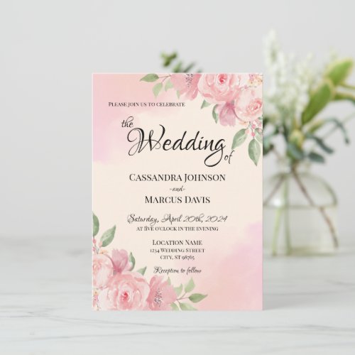 Elegant Beige Blush Pink Floral Watercolor Wedding Invitation