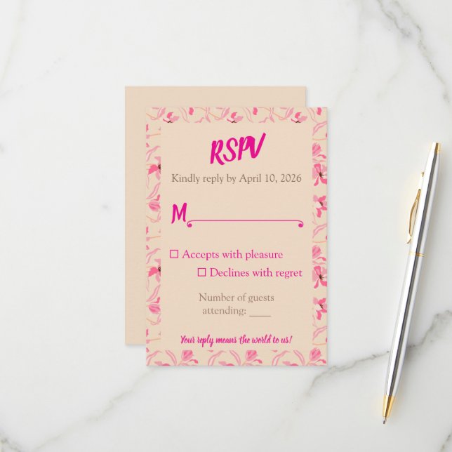 Elegant Beige & Blush Pink Floral Wedding  RSVP Card (Front/Back In Situ)