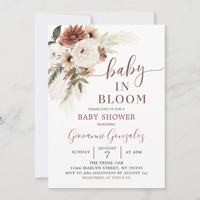 Elegant Beige Boho Baby in Bloom Baby Shower Invitation (Front)
