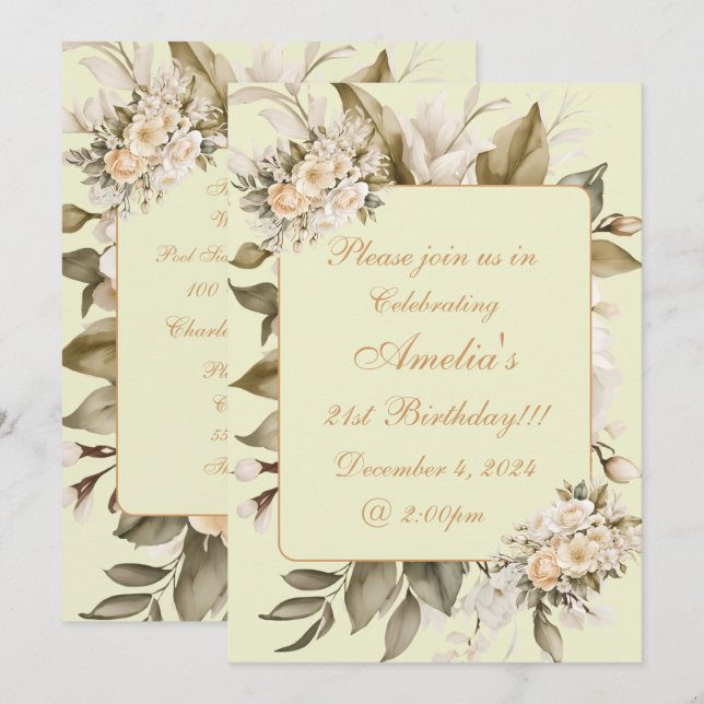 Elegant Beige Boho Floral Birthday Invitation (Front/Back)