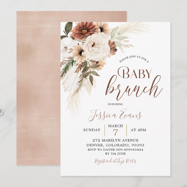 Elegant Beige Boho Pampas Grass Baby Brunch Invitation (Front/Back)