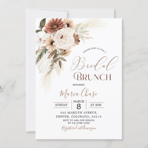 Elegant Beige Boho Pampas Grass Bridal Brunch Invitation