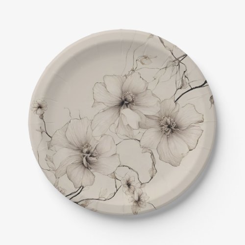 Elegant Beige Boho Style Floral Pattern Paper Plates