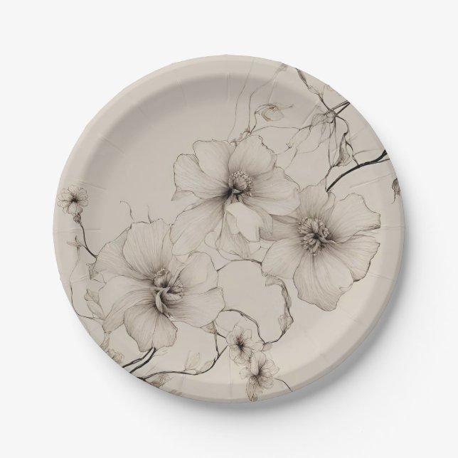 Elegant Beige Boho Style Floral Pattern Paper Plates (Front)
