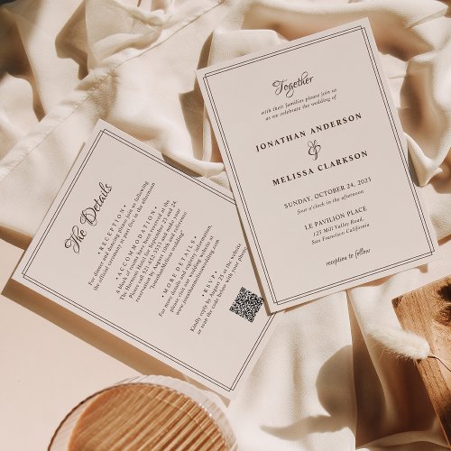Elegant Beige Border QR Code All in One Wedding Invitation