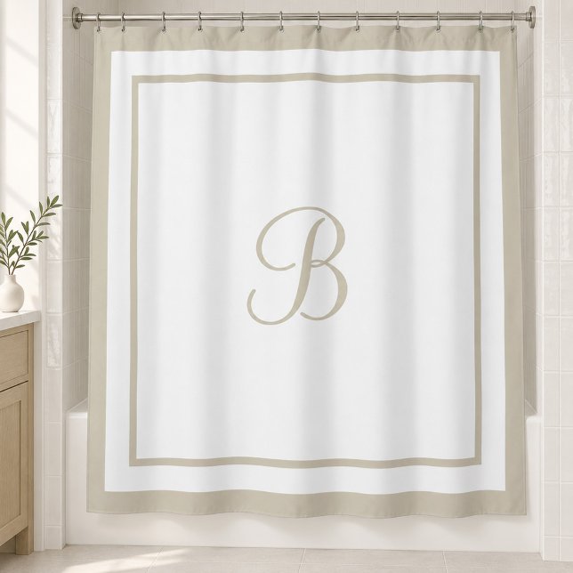 Elegant Beige Border Script Monogram Shower Curtain (Creator Uploaded)