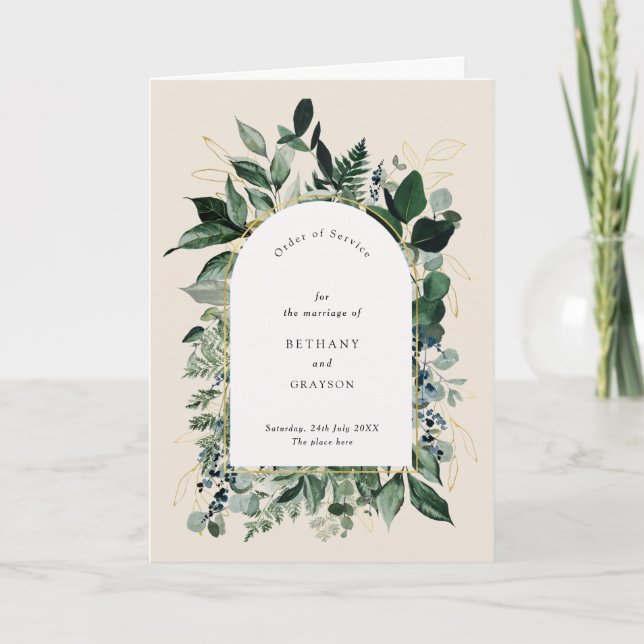 Elegant Beige botanical Bi fold wedding Program (Front)