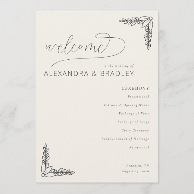 Elegant Beige Botanical Wedding Ceremony Schedule Program (Front)