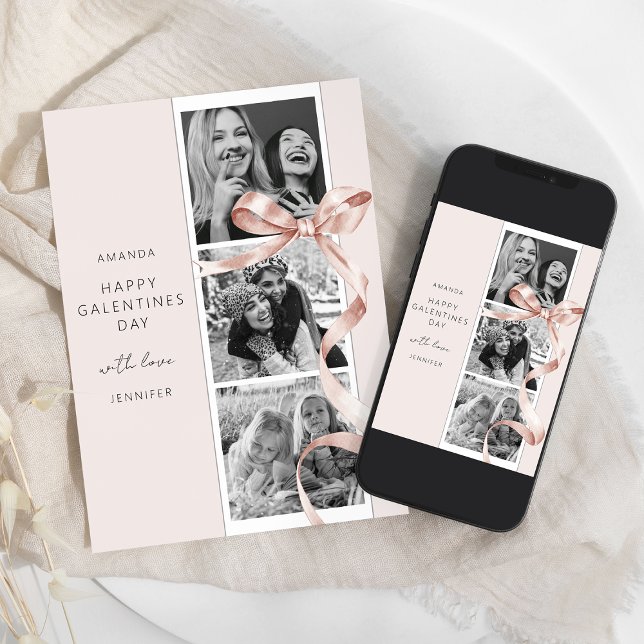 Elegant Beige Bow 3 Photo Galentines Day Card (Creator Uploaded)