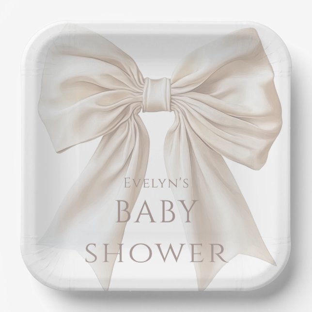 Elegant Beige Bow Gender Neutral Baby Shower Paper Plates (Front)