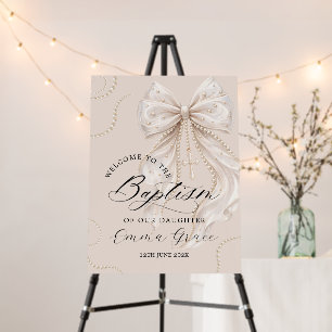 Elegant Beige Bow with Pearl Baptism Welcome Foam Board