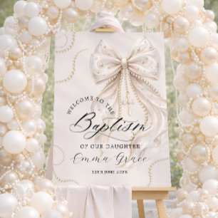 Elegant Beige Bow with Pearl Baptism Welcome Foam Board
