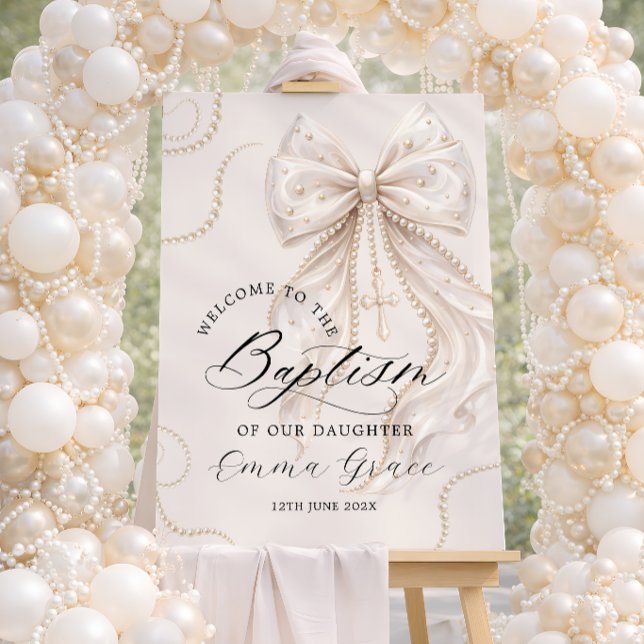 Elegant Beige Bow with Pearl Baptism Welcome Foam Board (Creator Uploaded)