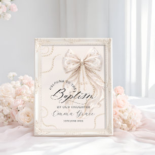 Elegant Beige Bow with Pearl Baptism Welcome Poster