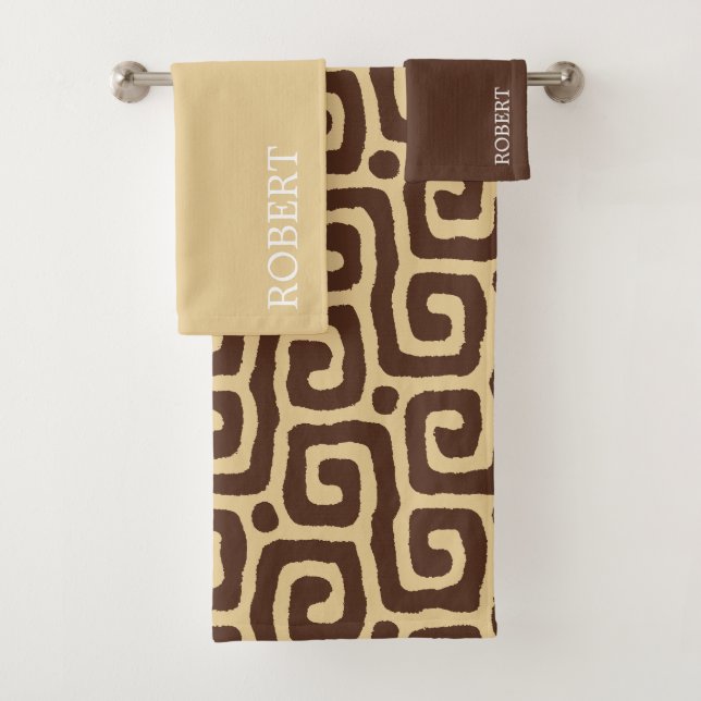 Elegant Beige &Brown Abstract Pattern Custom Name Bath Towel Set (Insitu)