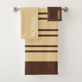 Elegant Beige &Brown Abstract Pattern Custom Name Bath Towel Set