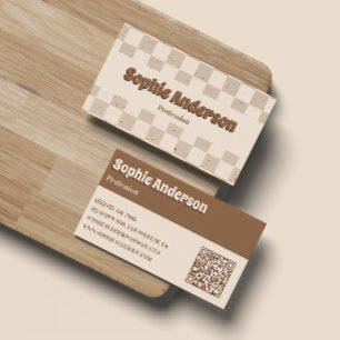 Elegant Beige & Brown Checkerboard with QR Code Business Card