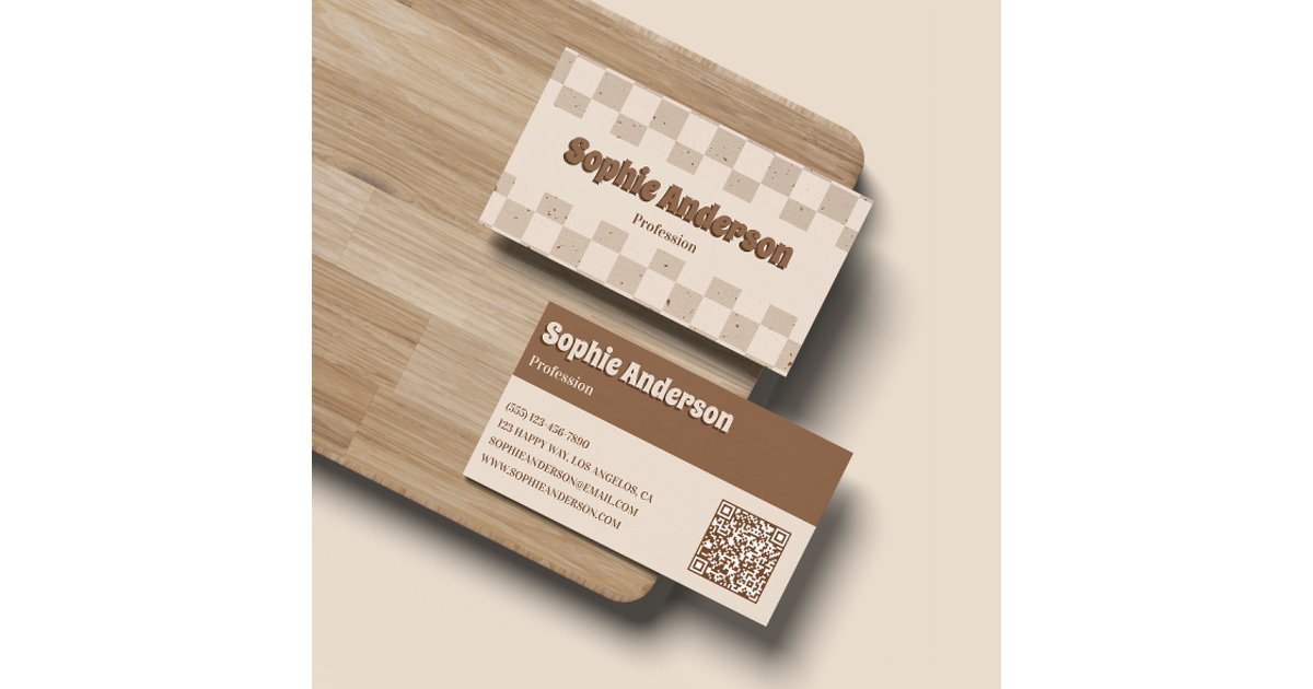 Checkerboard Code Menu Elegant Beige & Brown Checkerboard with QR Code Business Card | Zazzle
