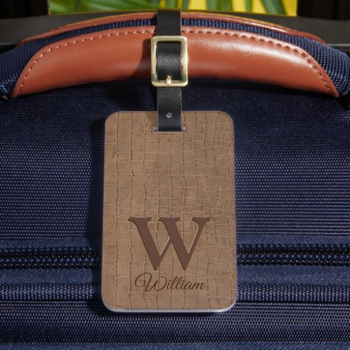 Elegant Beige Brown Cow Leather Texture Monogramm Luggage Tag