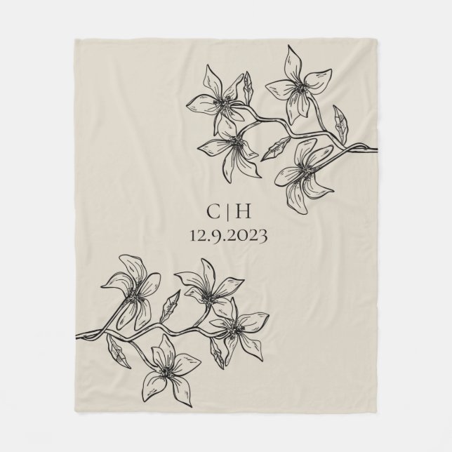 Elegant Beige Brown Floral Monogram Wedding Fleece Blanket (Front)