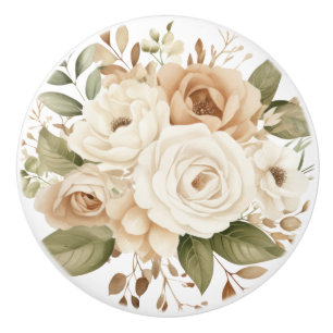 Elegant Beige Brown Flowers Floral Ceramic Knob