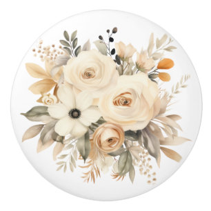 Elegant Beige Brown Flowers Floral Ceramic Knob
