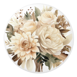 Elegant Beige Brown Flowers Floral Ceramic Knob