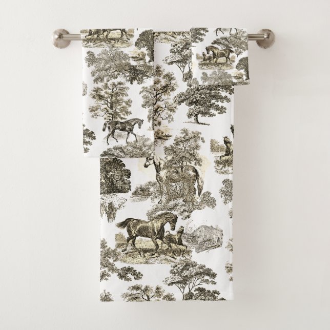 Elegant Beige Brown Rustic Horses Toile  Bath Towel Set (Insitu)