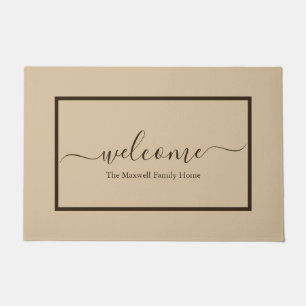 Elegant beige brown script family name welcome doormat