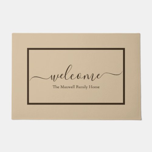 Elegant beige brown script family name welcome  doormat