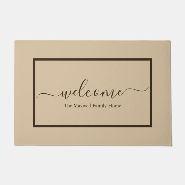 Elegant beige brown script family name welcome  doormat (Front)